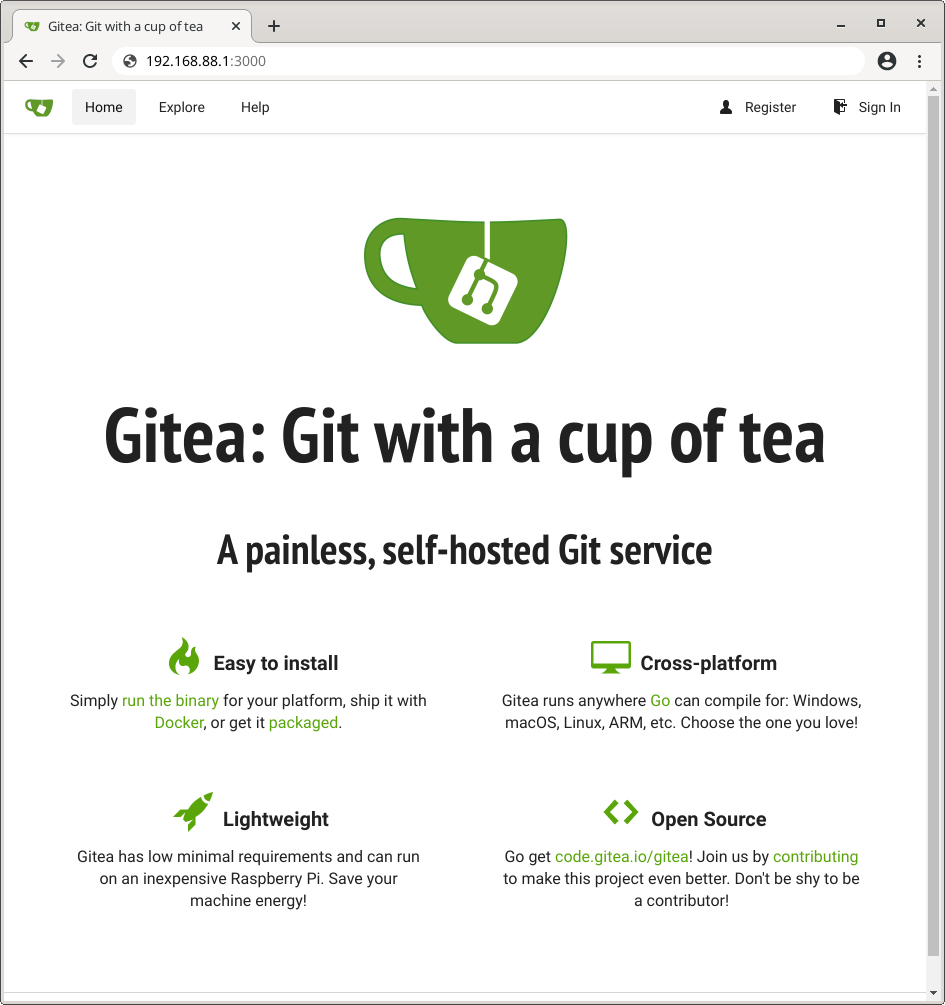 Gitea on browser for the first time