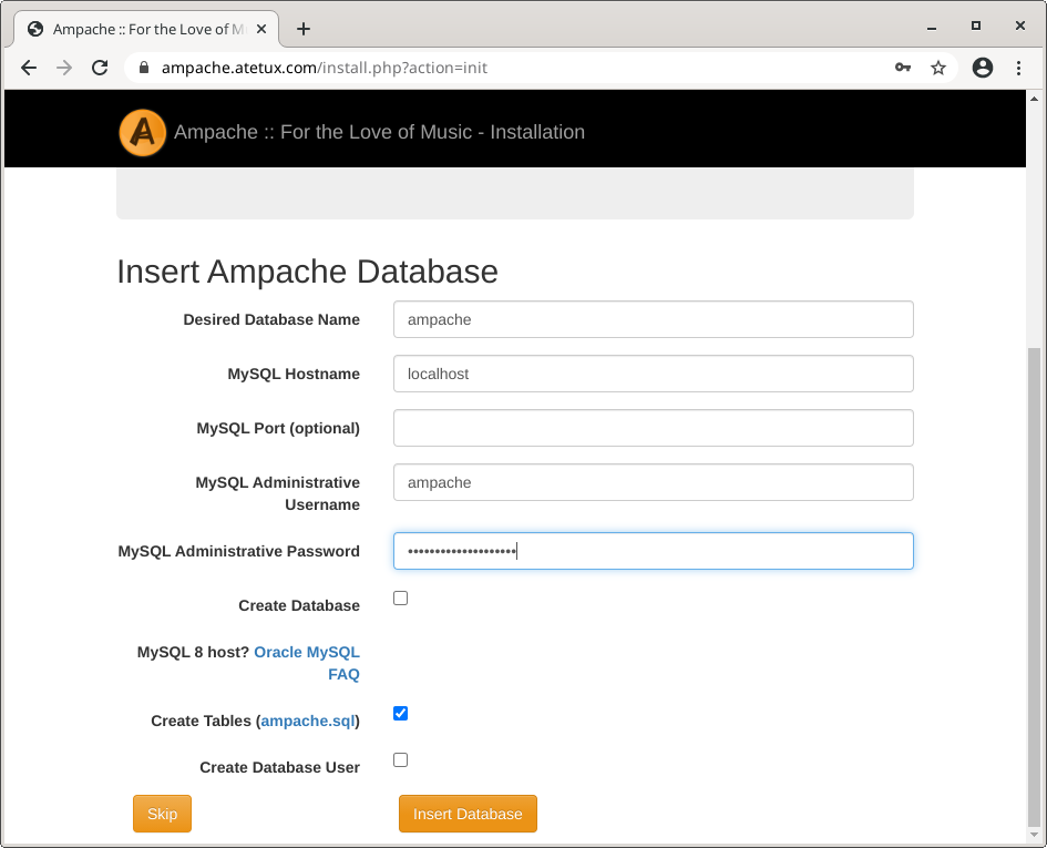 database setting for ampache