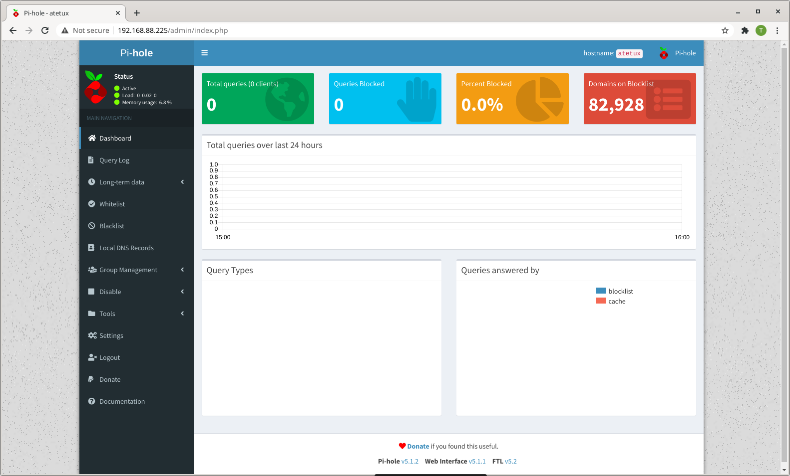 pihole admin dashboard logged in