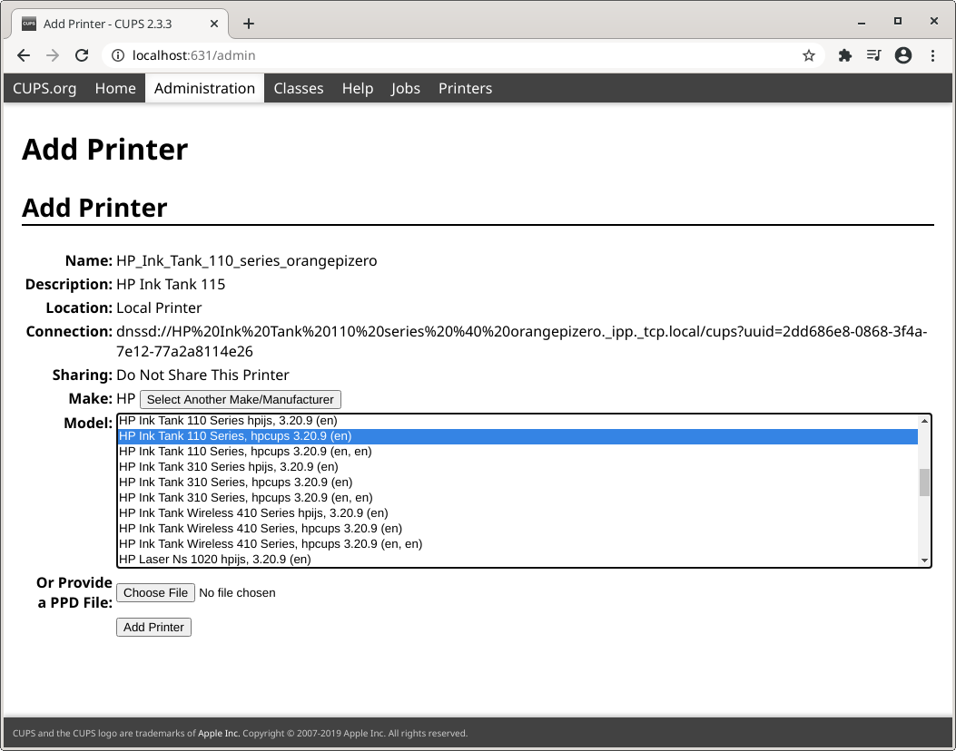 printer driver inktank hp on client cups