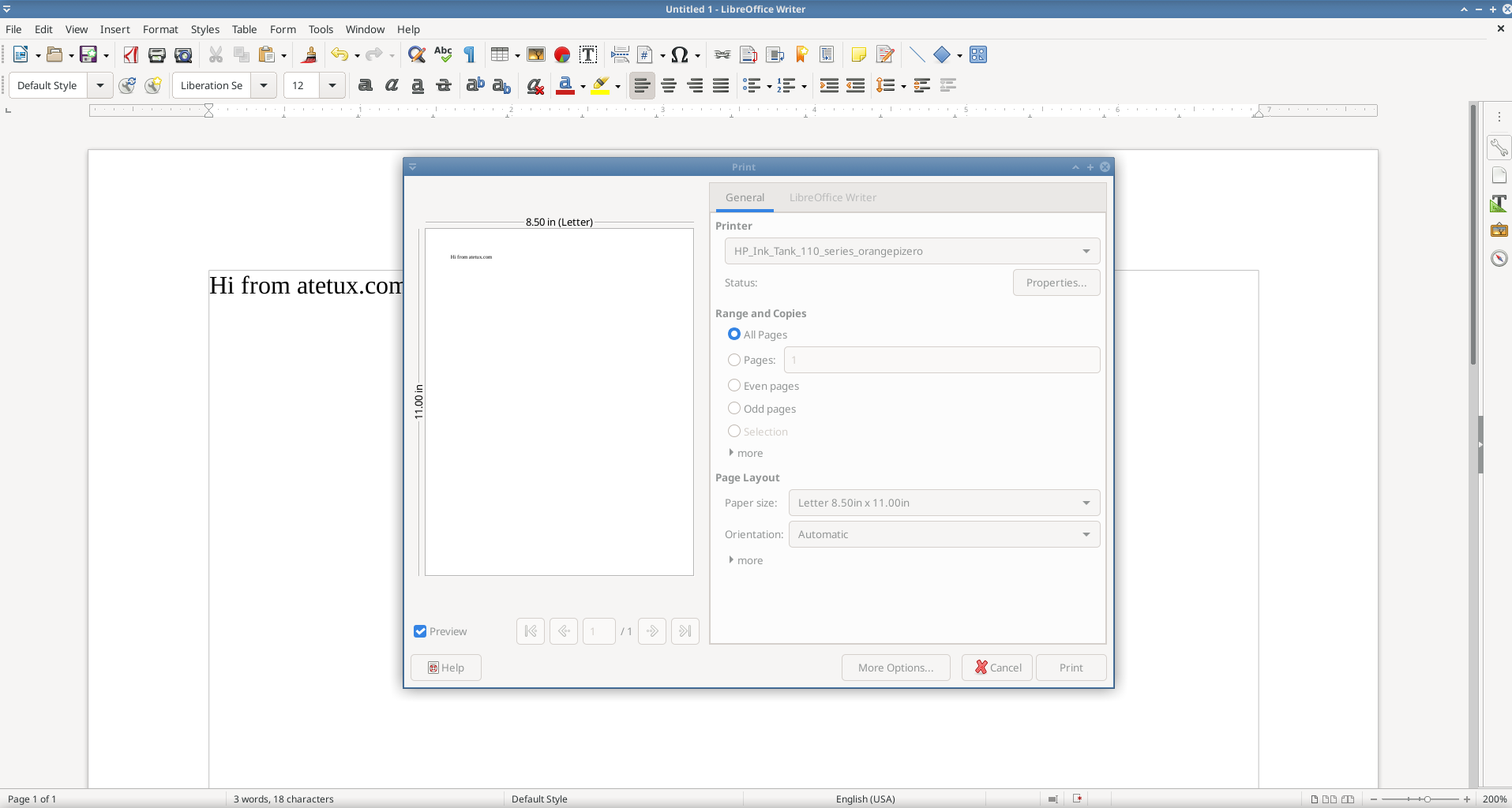 printing from LibreOffice writer
